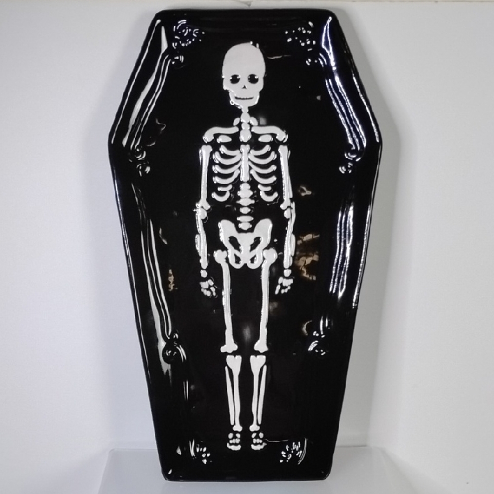 Halloween Way to Celebrate Skeleton Black Coffin Shaped 12" Tray Earthenware